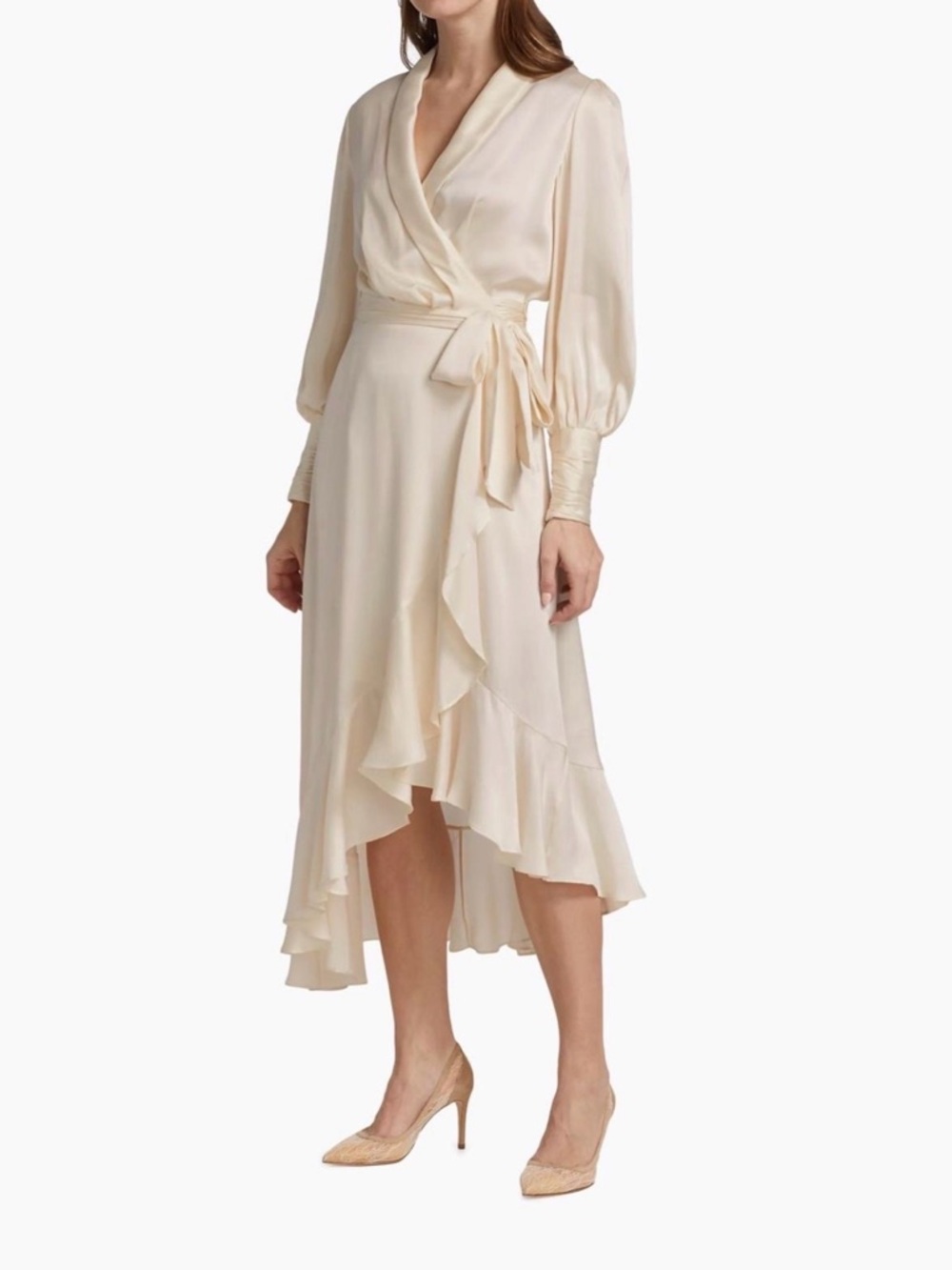 Zimmermann Cream Silk-Blend Wrap Dress with Ruffle High-Low Hem